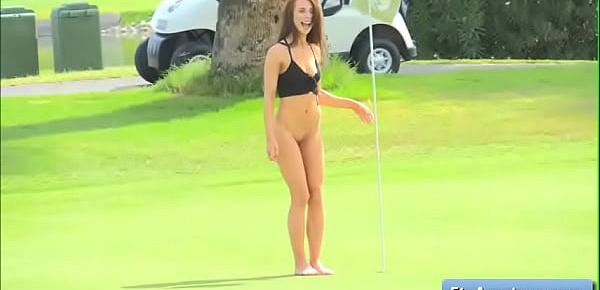  Sensual teen amateur Anyah run naked on the golf course and finger fuck her wet pussy deep